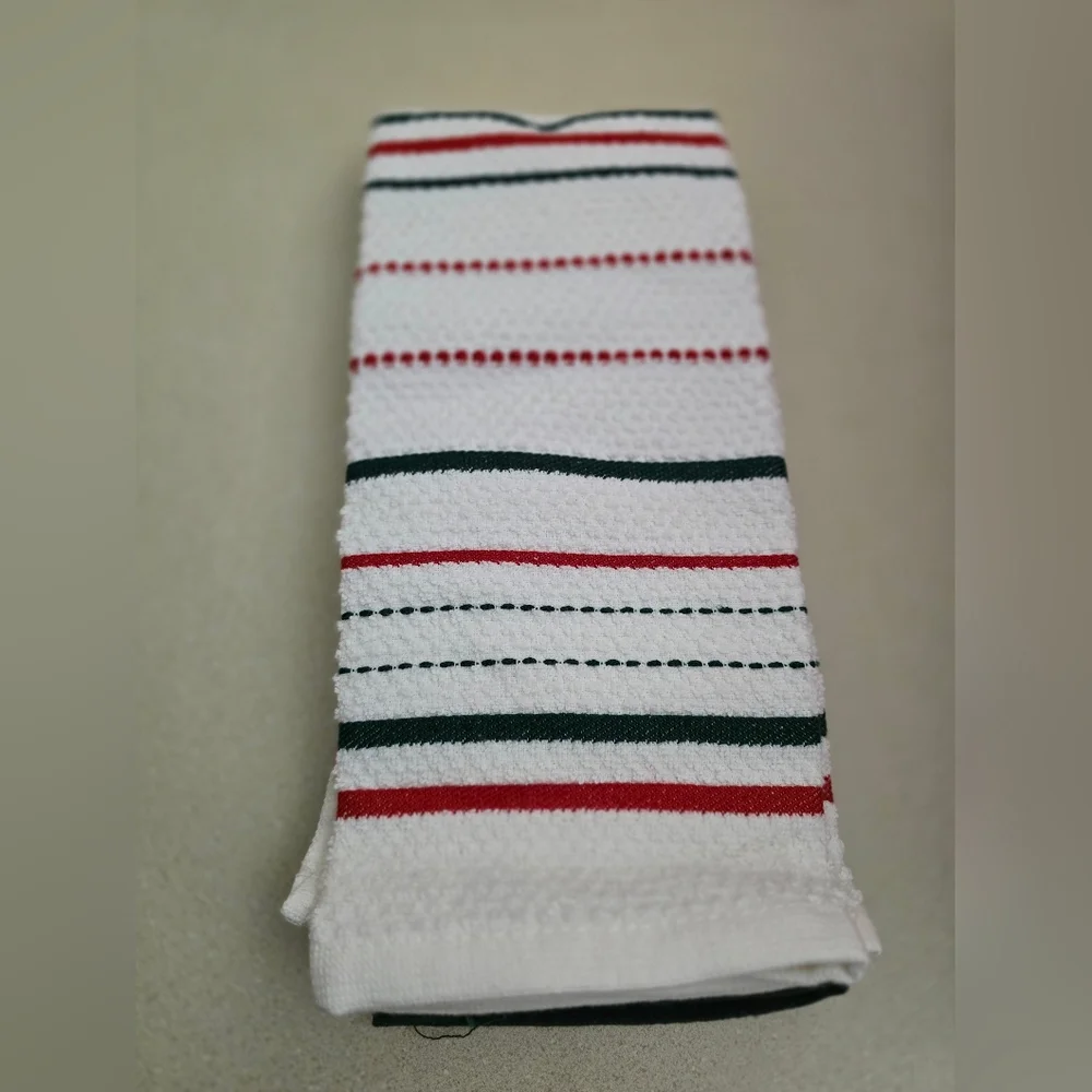 2 pk Green towel with 'Christmas Tree Farm' embroidery & white towel w/stripes